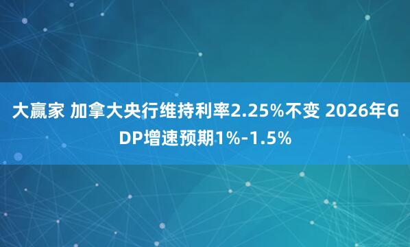 大赢家 加拿大央行维持利率2.25%不变 2026年GDP增速预期1%-1.5%